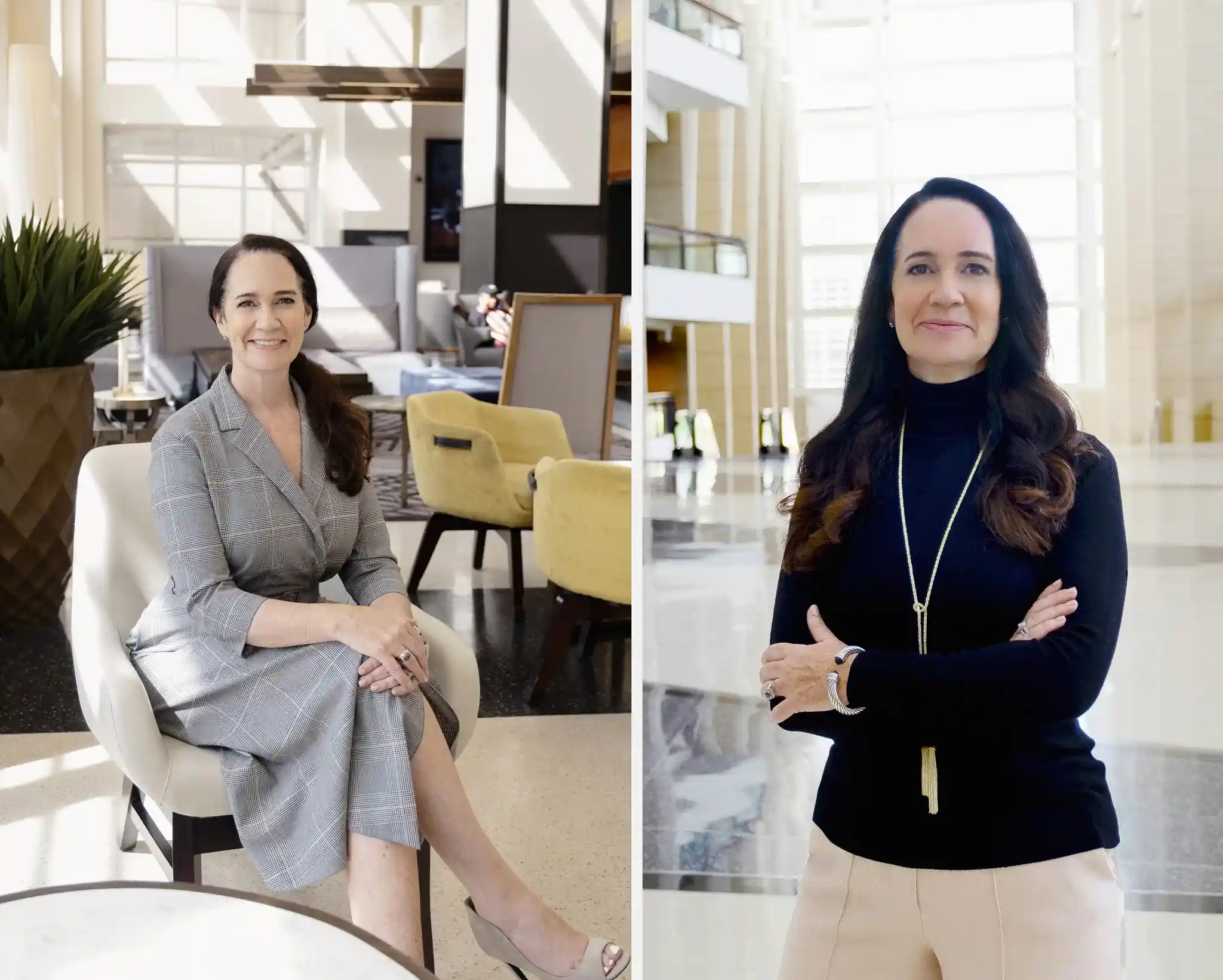 Business Portrait Portraits of a successful woman at McCormick Place, Chicago, highlighting her career success in both a black turtleneck and a dress, with the iconic convention center as a backdrop.