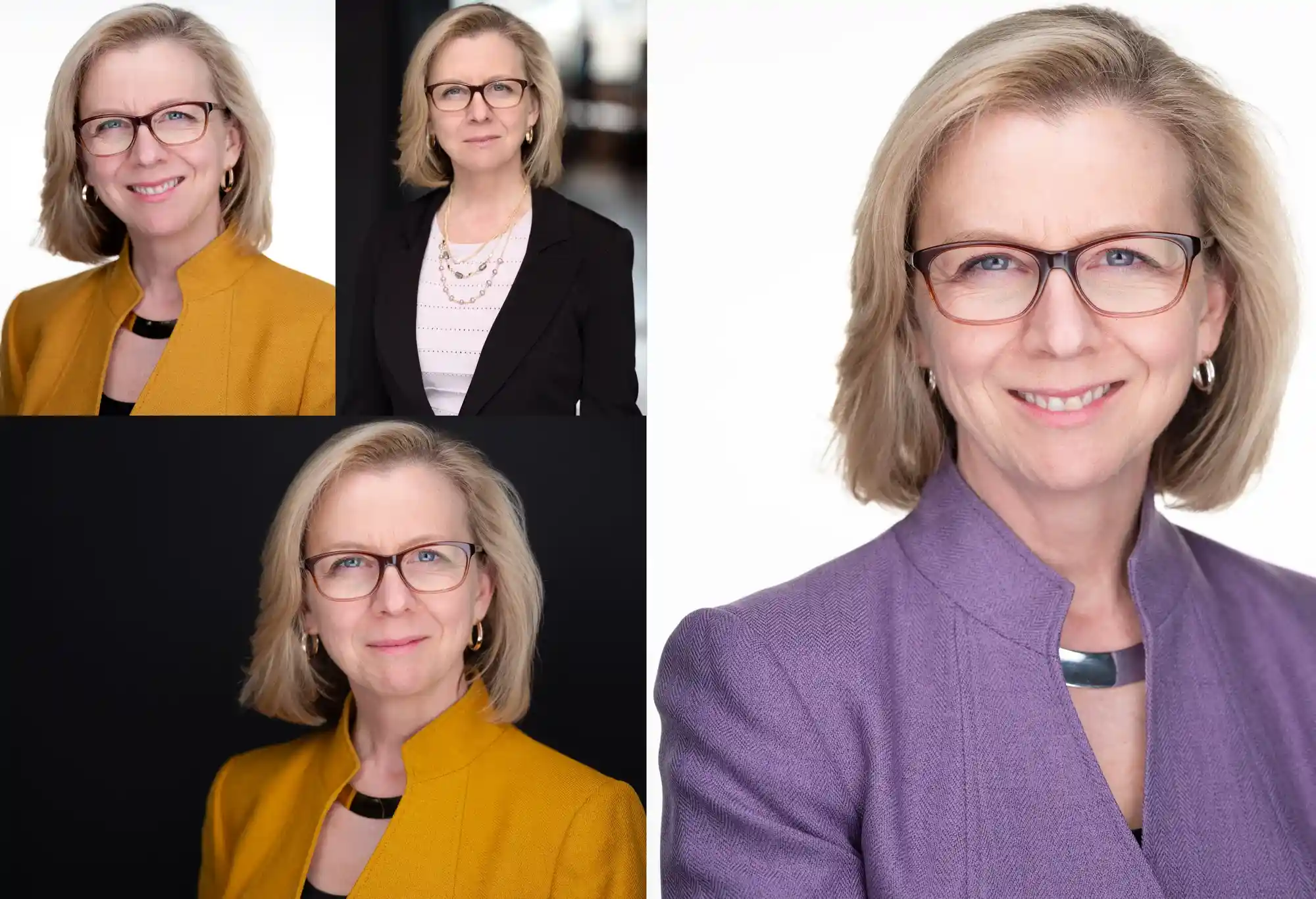 Business Headshots: Examples of business headshots appropriate for distinguished woman Distinguished academic at the top of her game poses for business headshots in assorted backgrounds and wardrobe showcasing her personal style while enforcing her personal brand.