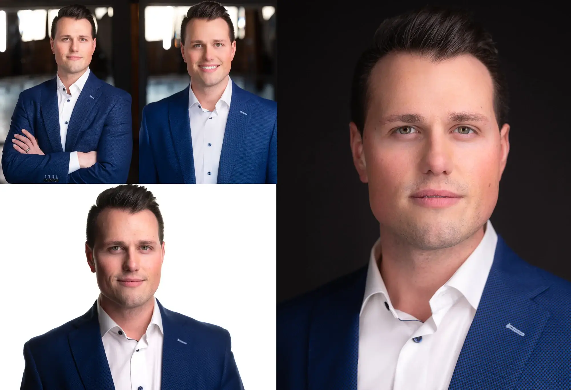 Corporate Headshot of Finance Professional in Blue Suit A finance executive dressed in a blue suit with a white button-down shirt smiles warmly in a corporate headshot, reflecting a polished and professional image.