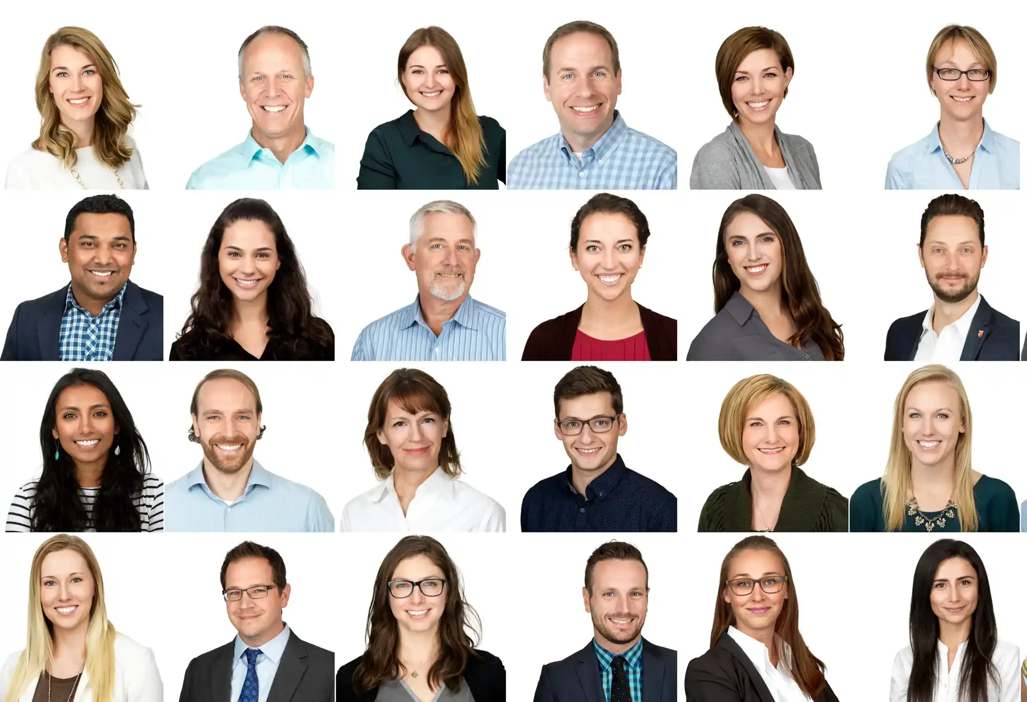 Diverse Group Headshots Representing Multiple Ages and Ethnicities A vibrant collection of group headshots showcasing individuals of various ages, ethnicities, and backgrounds, reflecting a diverse corporate environment.