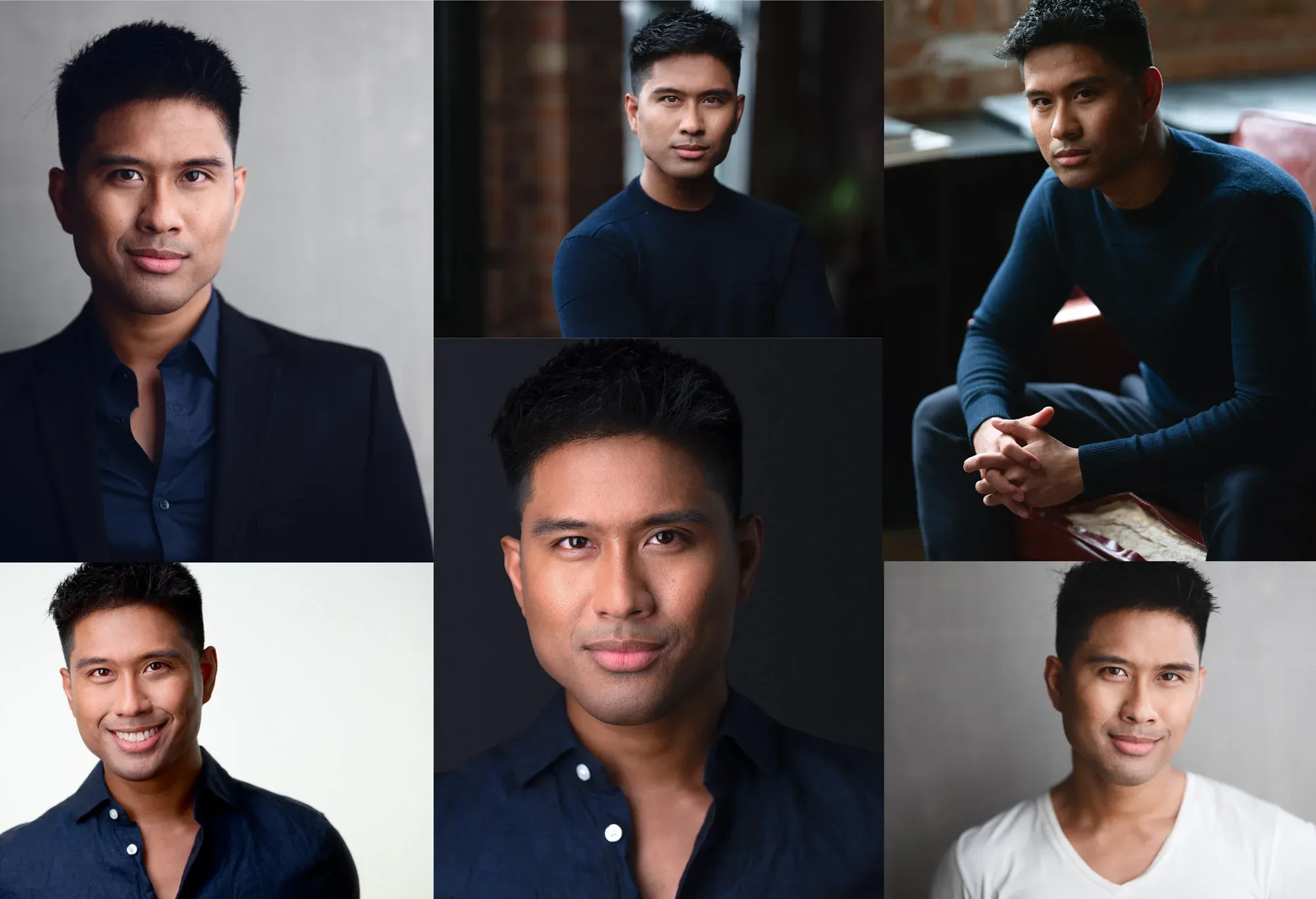 Headshots for Men: From dating profiles to LinkedIn to comp cards, every man needs a headshot Collage of handsome Filipino male model in different poses and outfits, demonstrating range of headshot styles for men