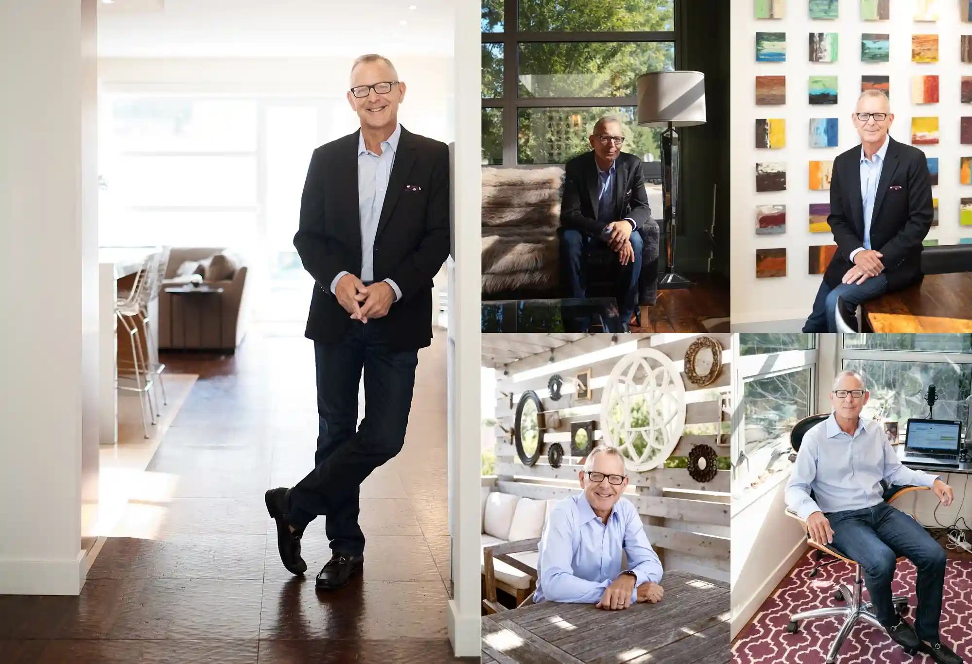 personal branding: Images of Chicago hospitality industry CEO in his beautiful home This vibrant photo series features a charismatic CEO showcasing personal branding in both casual and professional looks, set against the beautiful backdrop of Chicago.