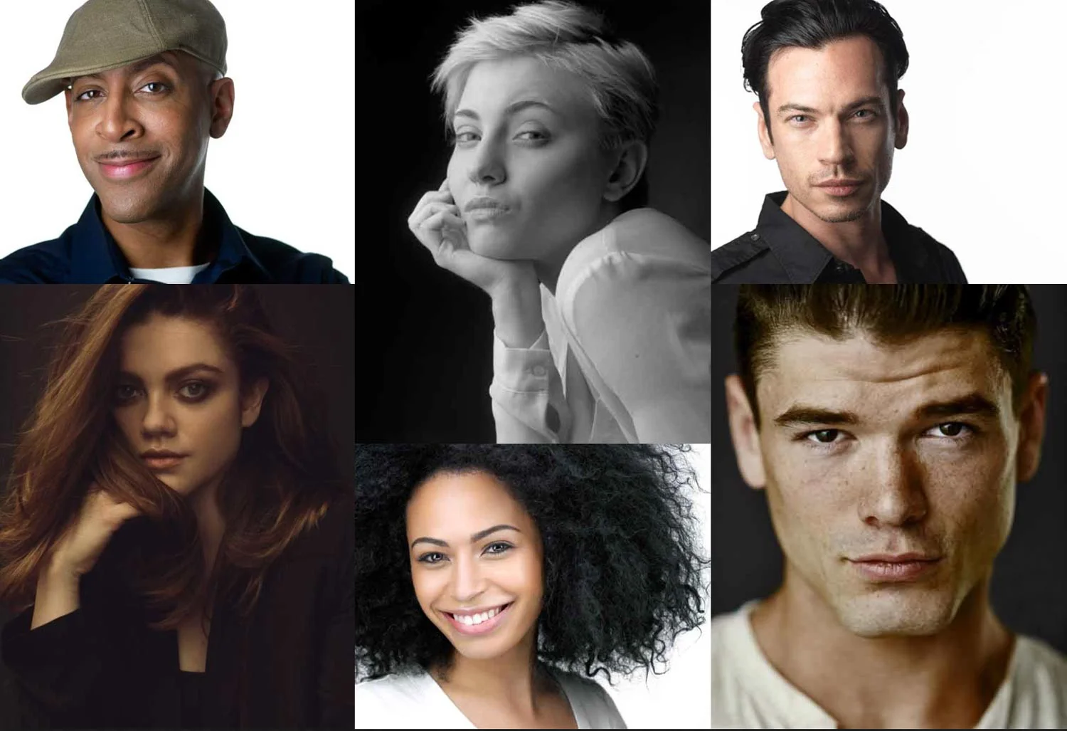 actor headshot examples Collage of professional actor headshots showcasing diverse styles, expressions and looks, ideal for casting calls and promotional materials.