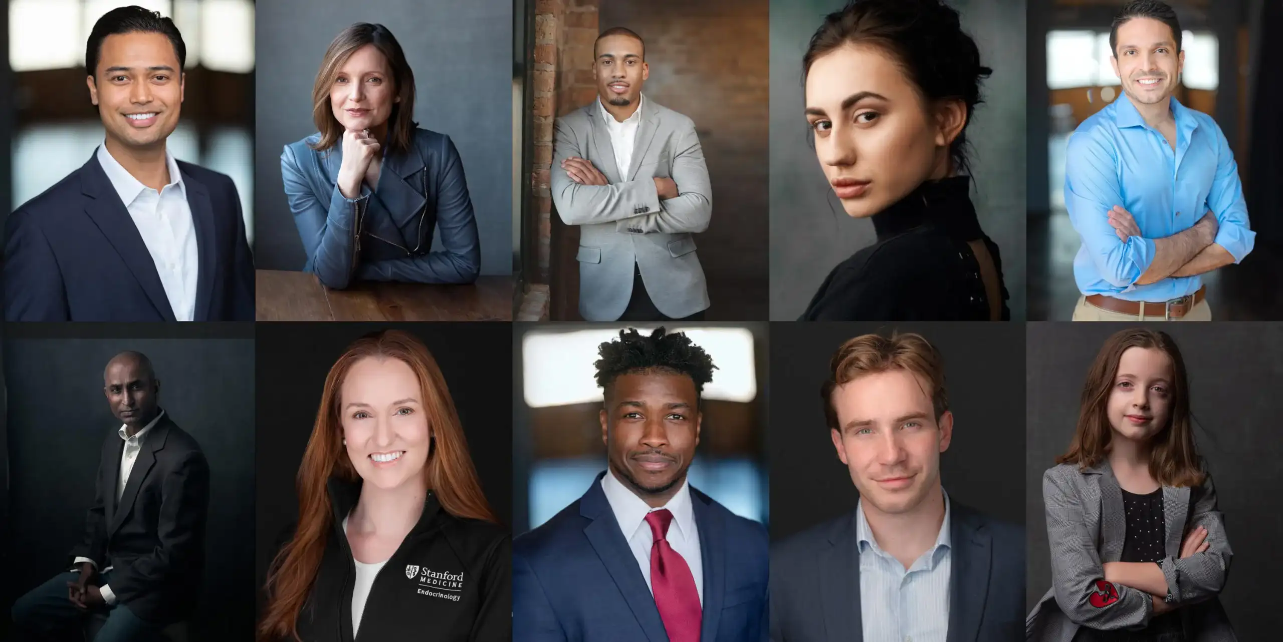 Corporate Headshot Examples | Headshots Chicago Colorful collage of headshots featuring actors and business professionals in different styles, illustrating the versatility of personal branding and professional presentation