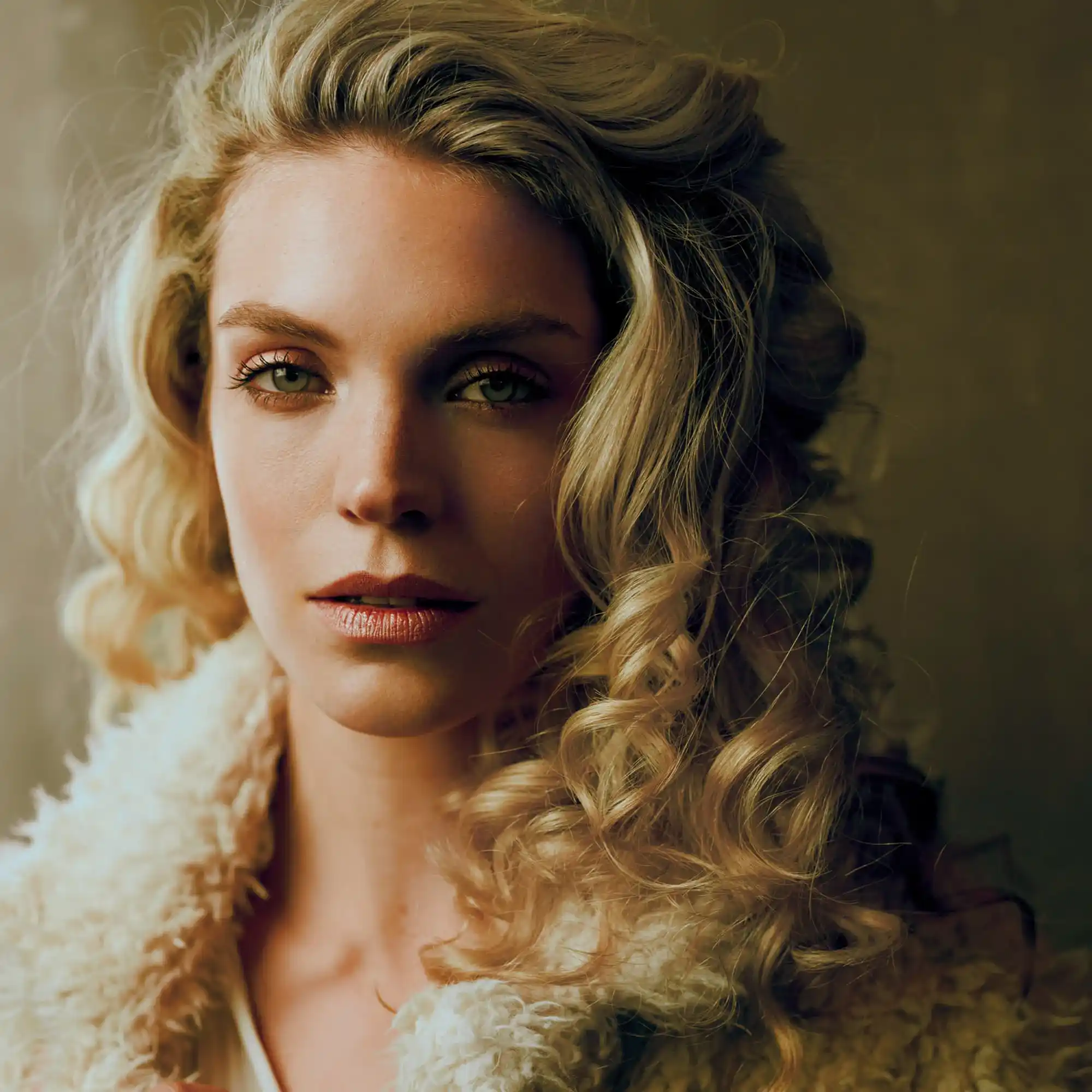 radiant beauty dramatic golden portrait Sabrina Jurlina Artistic headshot of blonde model with glowing skin and hair, dramatic lighting creating an otherworldly golden aura.