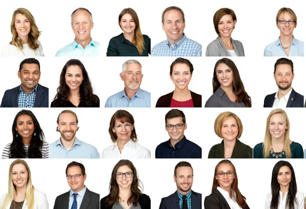 Office staff photographed on white background showcasing professionalism and consistency in company branding across print and social media channels.